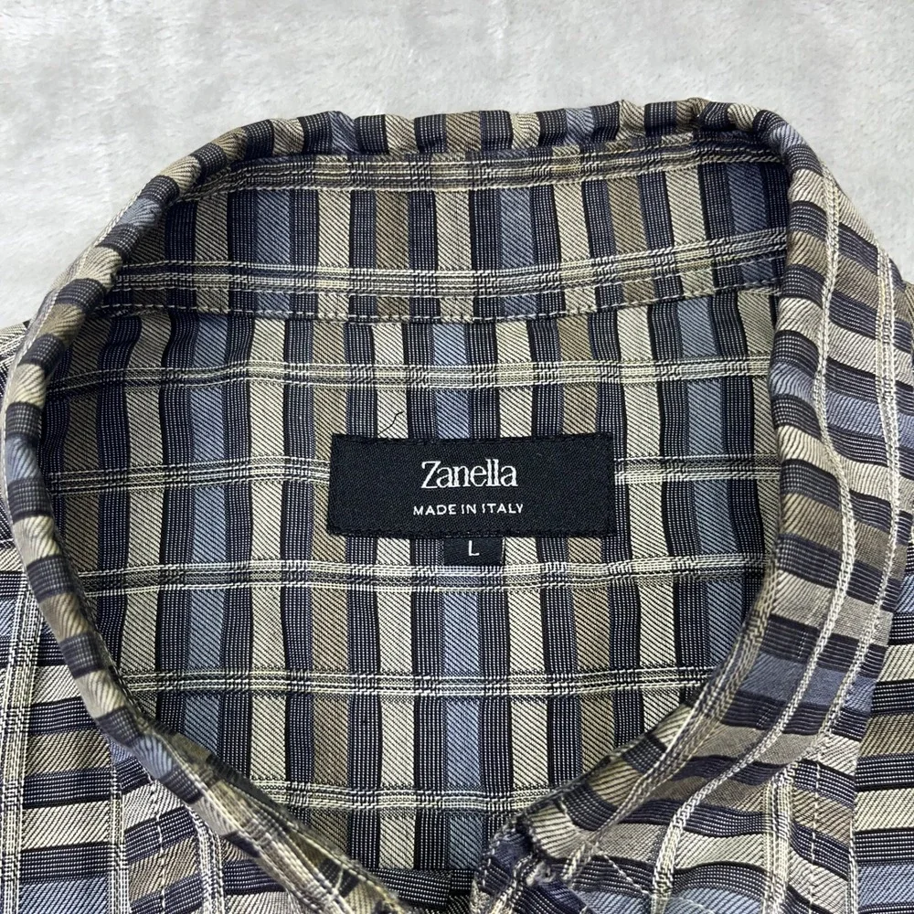 Lot of 2 Zanella Button-Up Shirt Plaid Striped‎ Long Sleeve Made in Italy L Boho